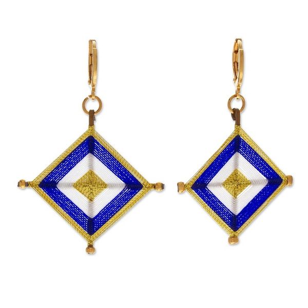 Alternate image for 18k Gold-Plated Handwoven Dangle Earrings in Blue Fantasy Diamonds