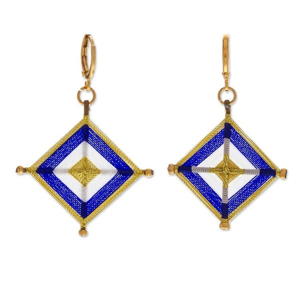 Alternate image for 18k Gold-Plated Handwoven Dangle Earrings in Blue Fantasy Diamonds
