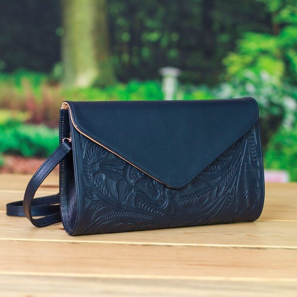 Floral Patterned Leather Sling and Clutch in a Midnight Hue 'Historic Floral in Midnight'
