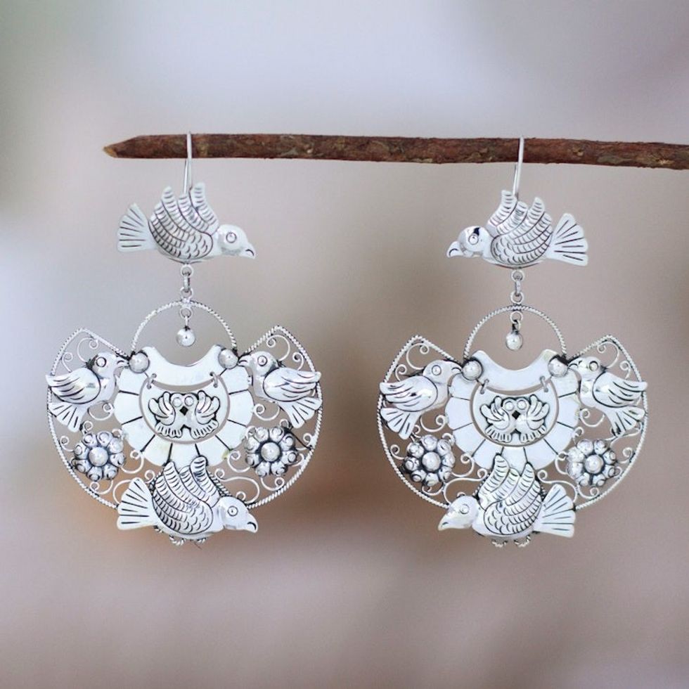 Bird and Floral-Themed Sterling Silver Statement Earrings 'Elysium Aura'