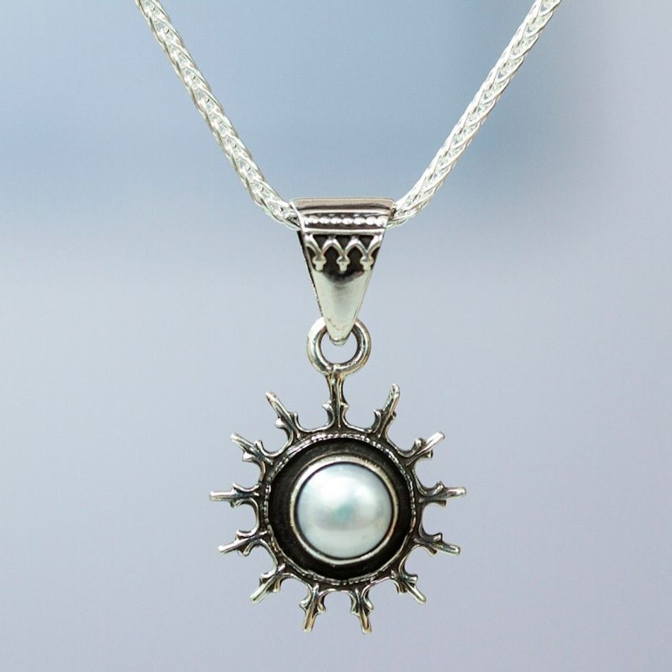 Sun-Themed Sterling Silver and White Pearl Pendant Necklace 'Pearly Dawn'