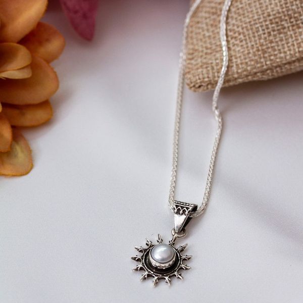 Alternate image for Sun-Themed Sterling Silver and White Pearl Pendant Necklace Pearly Dawn