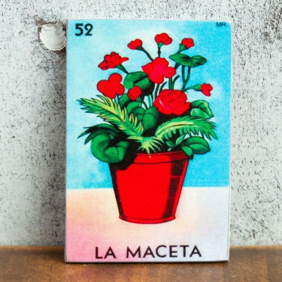 Mexican Wood Magnet with Red Flower Pot Decoupage 'Mexican Blooms'