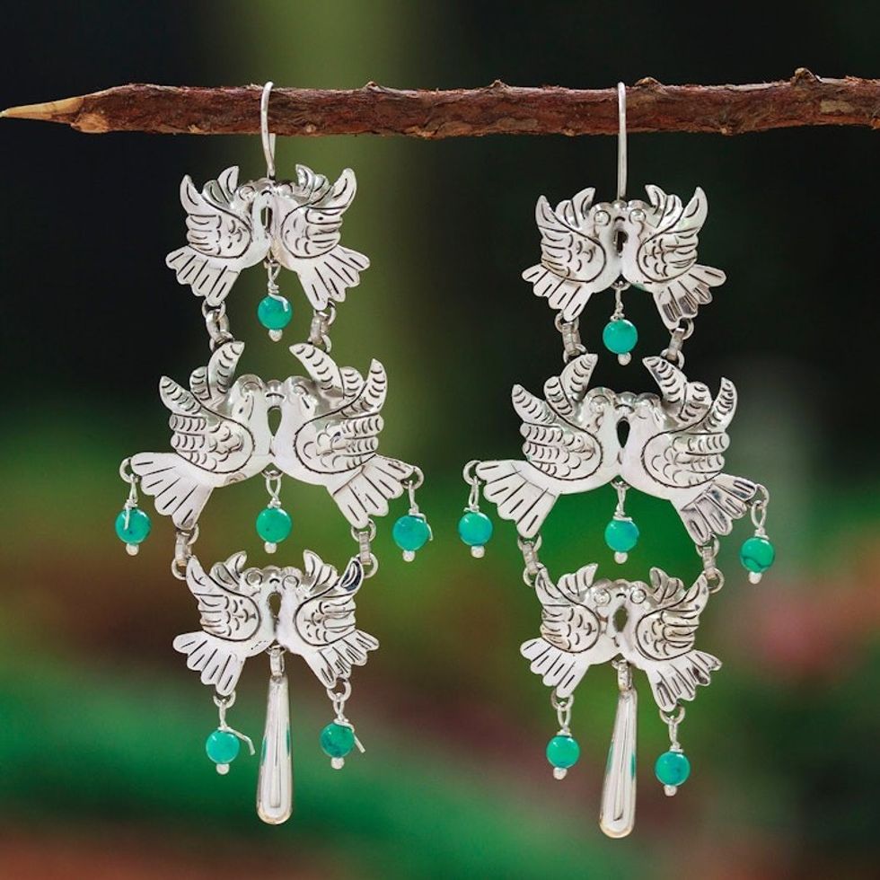 Taxco 925 Silver Turquoise Bird-Themed Waterfall Earrings 'Bird Fantasy'