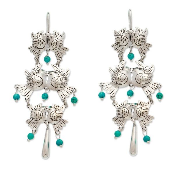 Alternate image for Taxco 925 Silver Turquoise Bird-Themed Waterfall Earrings Bird Fantasy