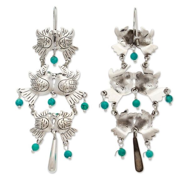 Alternate image for Taxco 925 Silver Turquoise Bird-Themed Waterfall Earrings Bird Fantasy