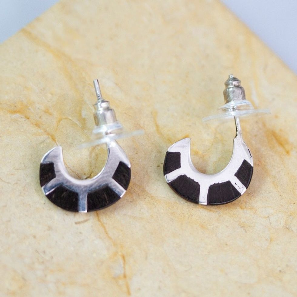 Wood-Accented Sterling Silver Half-Hoop Earrings from Mexico 'Dapper Caress'