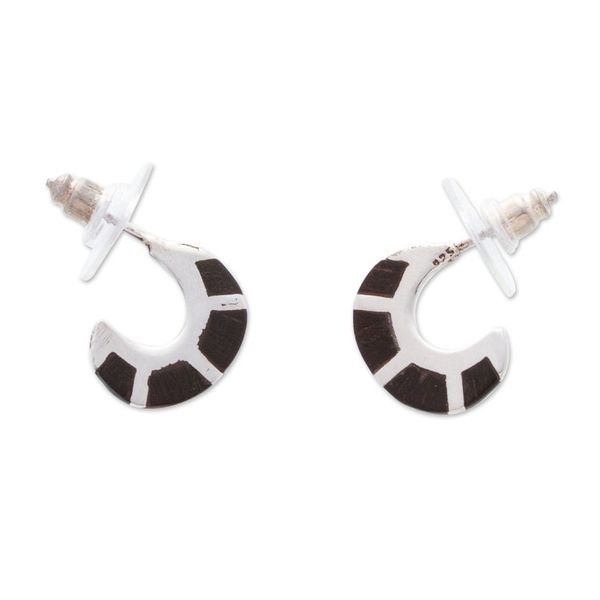 Alternate image for Wood-Accented Sterling Silver Half-Hoop Earrings from Mexico Dapper Caress