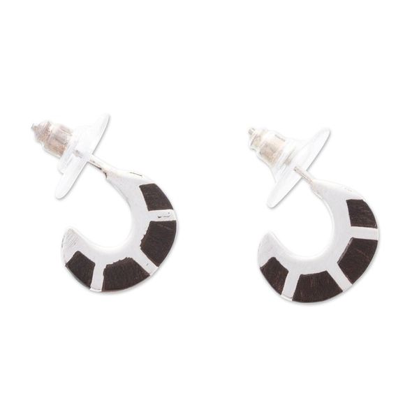 Alternate image for Wood-Accented Sterling Silver Half-Hoop Earrings from Mexico Dapper Caress