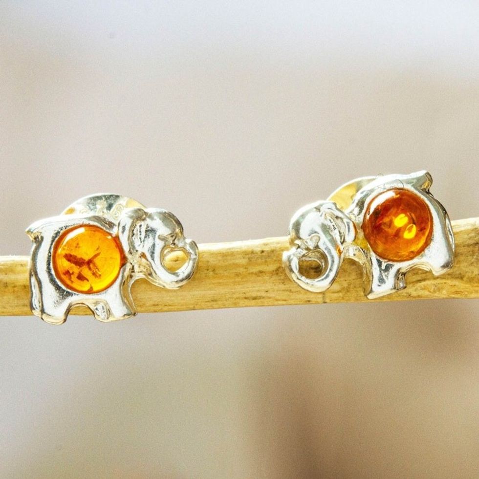 925 Sterling Silver and Amber Elephant Stud Earrings 'Elephant's Warmth'