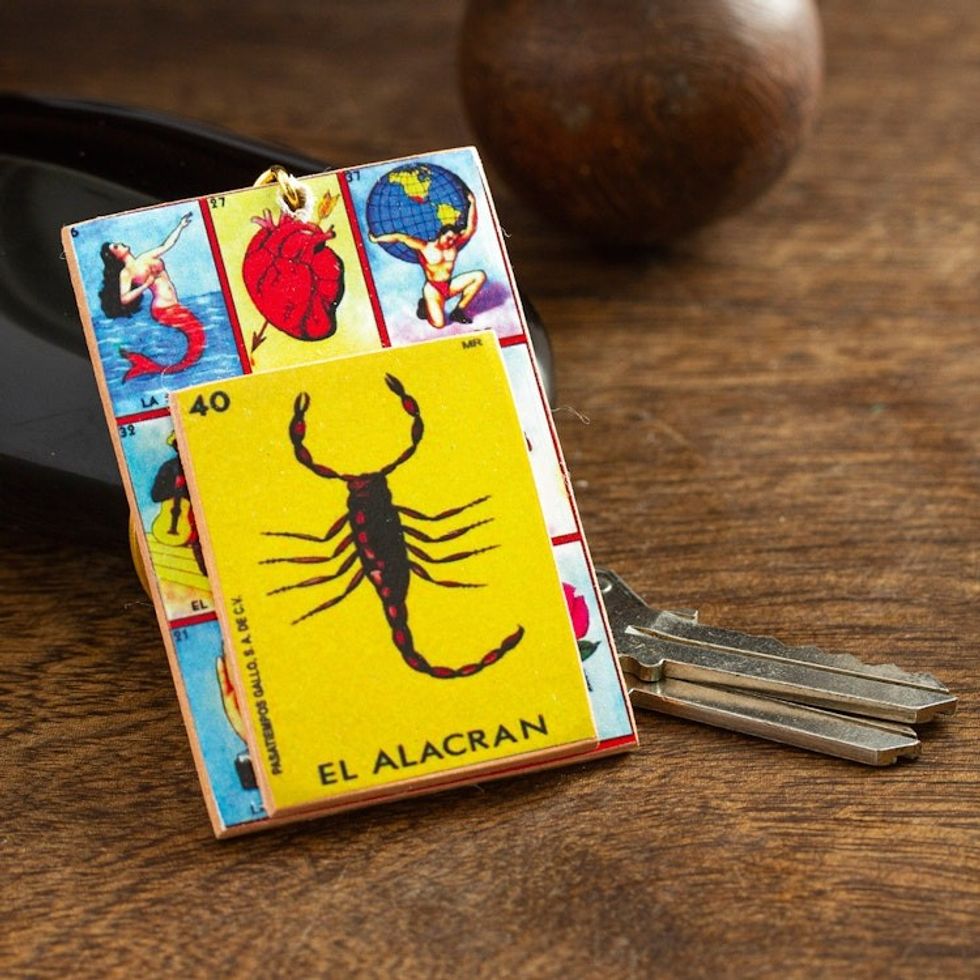 Decoupage Wooden Keychain With Mexican Loteria Game Motif 'The Scorpion'