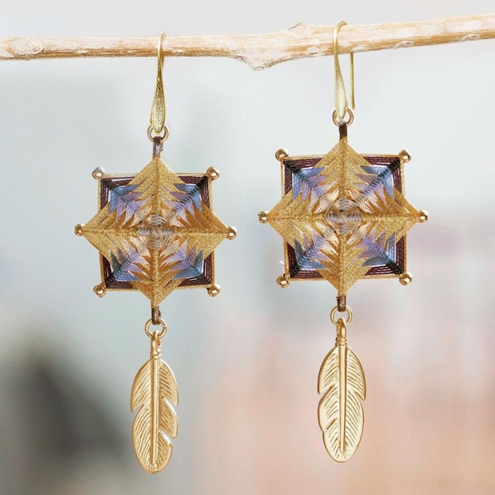 Gold-Plated Brass Mandala Dangle Earrings with Feathers 'Golden Mandalas'
