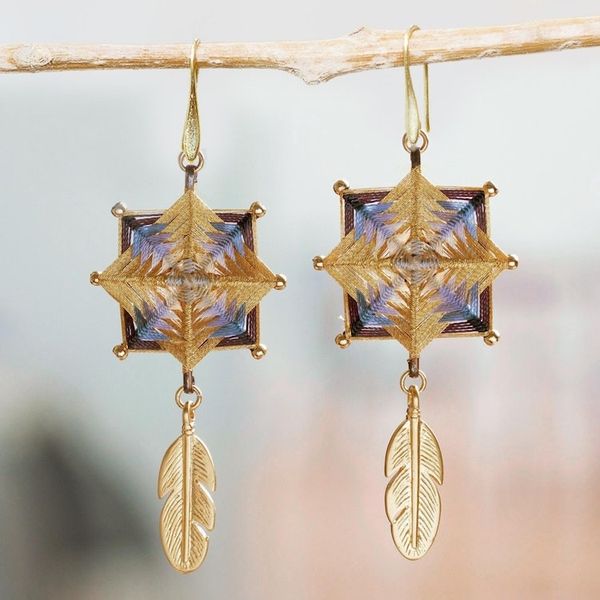Alternate image for Gold-Plated Brass Mandala Dangle Earrings with Feathers Golden Mandalas