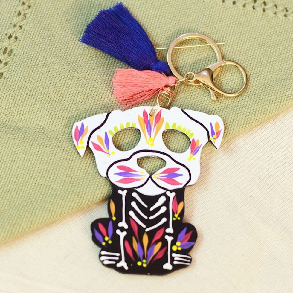 Hand-Painted Wood Day of the Dead Dog Keychain and Bag Charm 'Day of the Dead Dog'