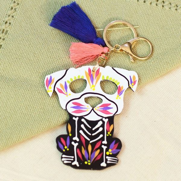 Alternate image for Hand-Painted Wood Day of the Dead Dog Keychain and Bag Charm Day of the Dead Dog