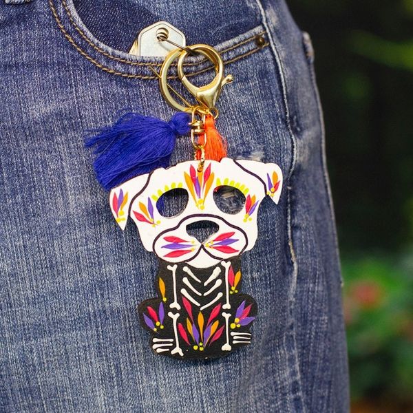 Alternate image for Hand-Painted Wood Day of the Dead Dog Keychain and Bag Charm Day of the Dead Dog
