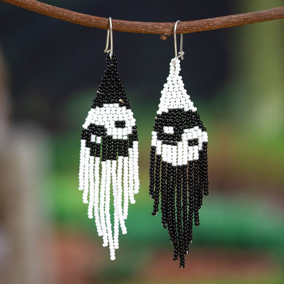 Yin and Yang-Themed Glass Beaded Waterfall Earrings 'Double Balance'