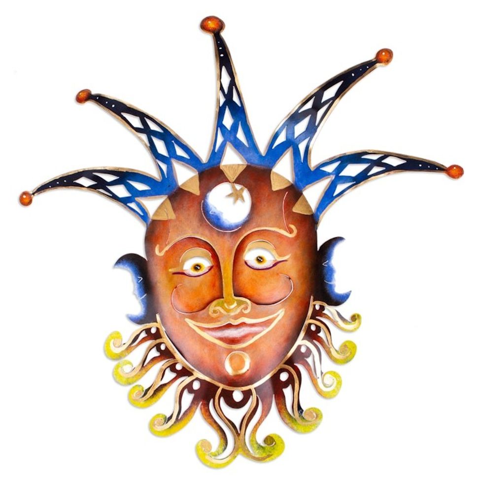 Handcrafted Jester Steel Wall Art in Blue and Warm Hues 'Mysterious Laughter'