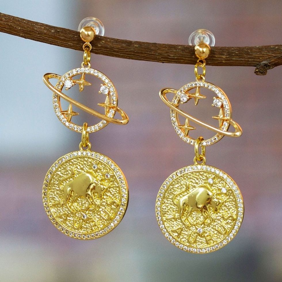 Cosmos-Themed 24k Gold-Plated Brass Taurus Dangle Earrings 'Taurus Galaxy'