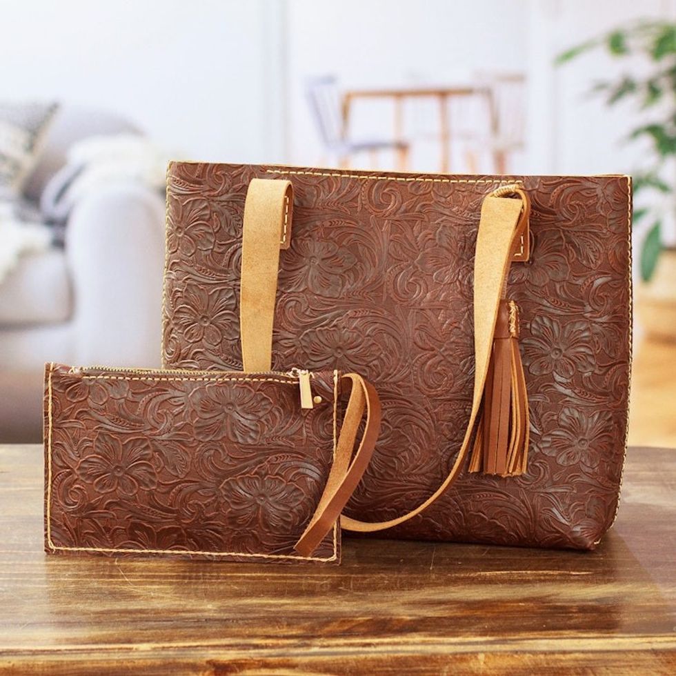 Baroque Floral Chocolate Leather Tote Bag and Wristlet 'Classic Chocolate'