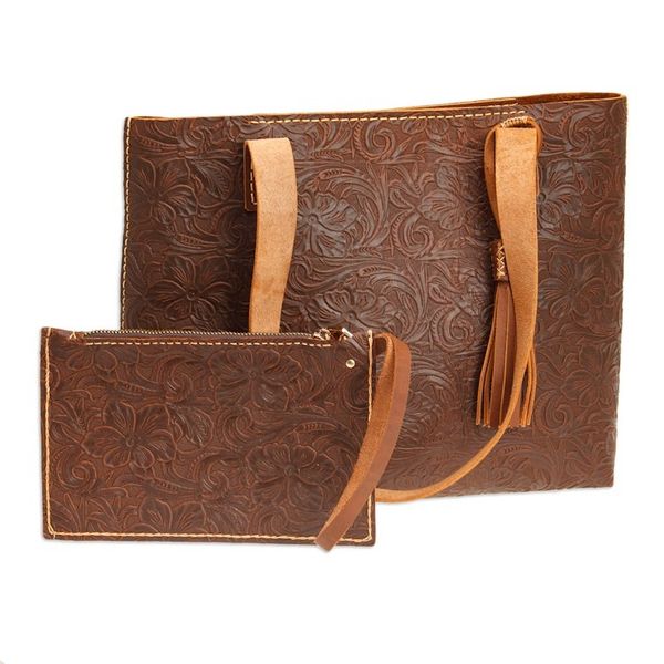 Alternate image for Baroque Floral Chocolate Leather Tote Bag and Wristlet Classic Chocolate