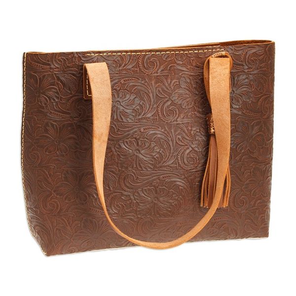 Alternate image for Baroque Floral Chocolate Leather Tote Bag and Wristlet Classic Chocolate