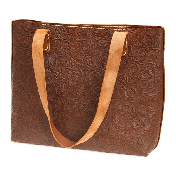 Alternate image for Baroque Floral Chocolate Leather Tote Bag and Wristlet Classic Chocolate