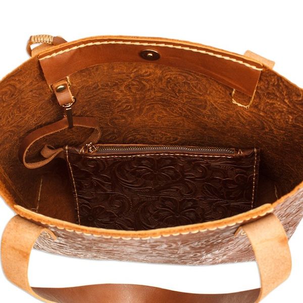 Alternate image for Baroque Floral Chocolate Leather Tote Bag and Wristlet Classic Chocolate
