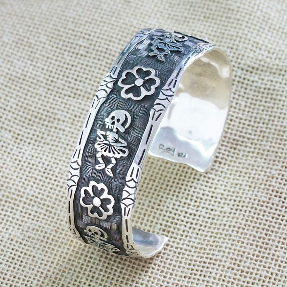 Day of the Dead-Themed Sterling Silver Cuff Bracelet 'Underworld Festival'