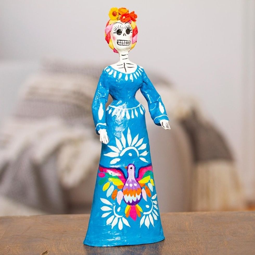 Handcrafted Papier Mache Catrina Figurine in Cyan 'Gallant Catrina in Cyan'