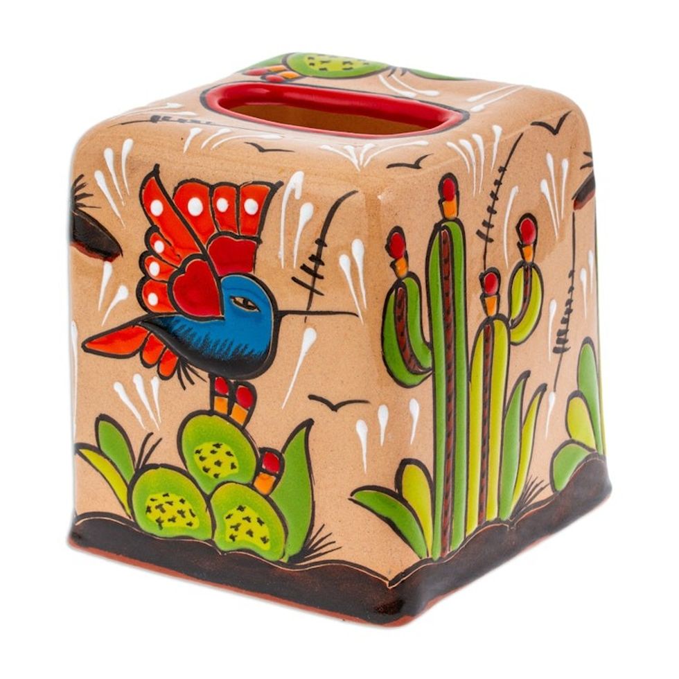 Cactus-Themed Handcrafted Talavera Ceramic Tissue Box Cover 'Cactus Convenience'