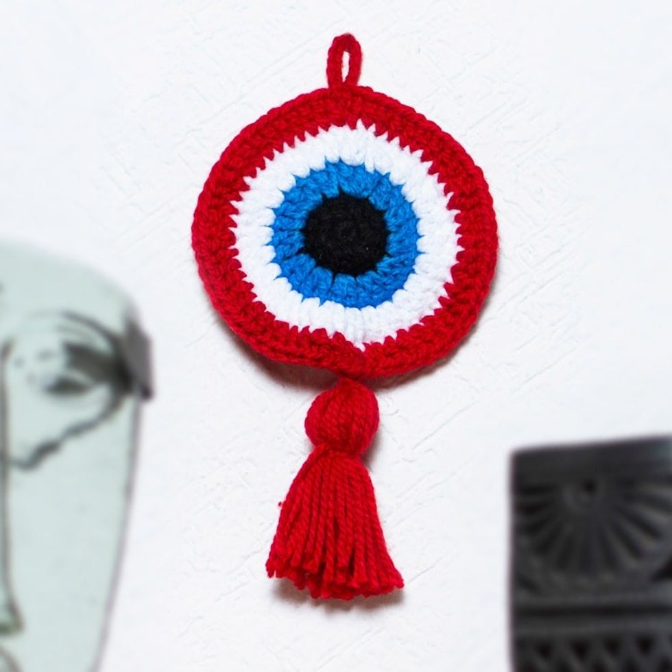 Artisan Crafted Crocheted Wall Accent 'See No Evil in Red'