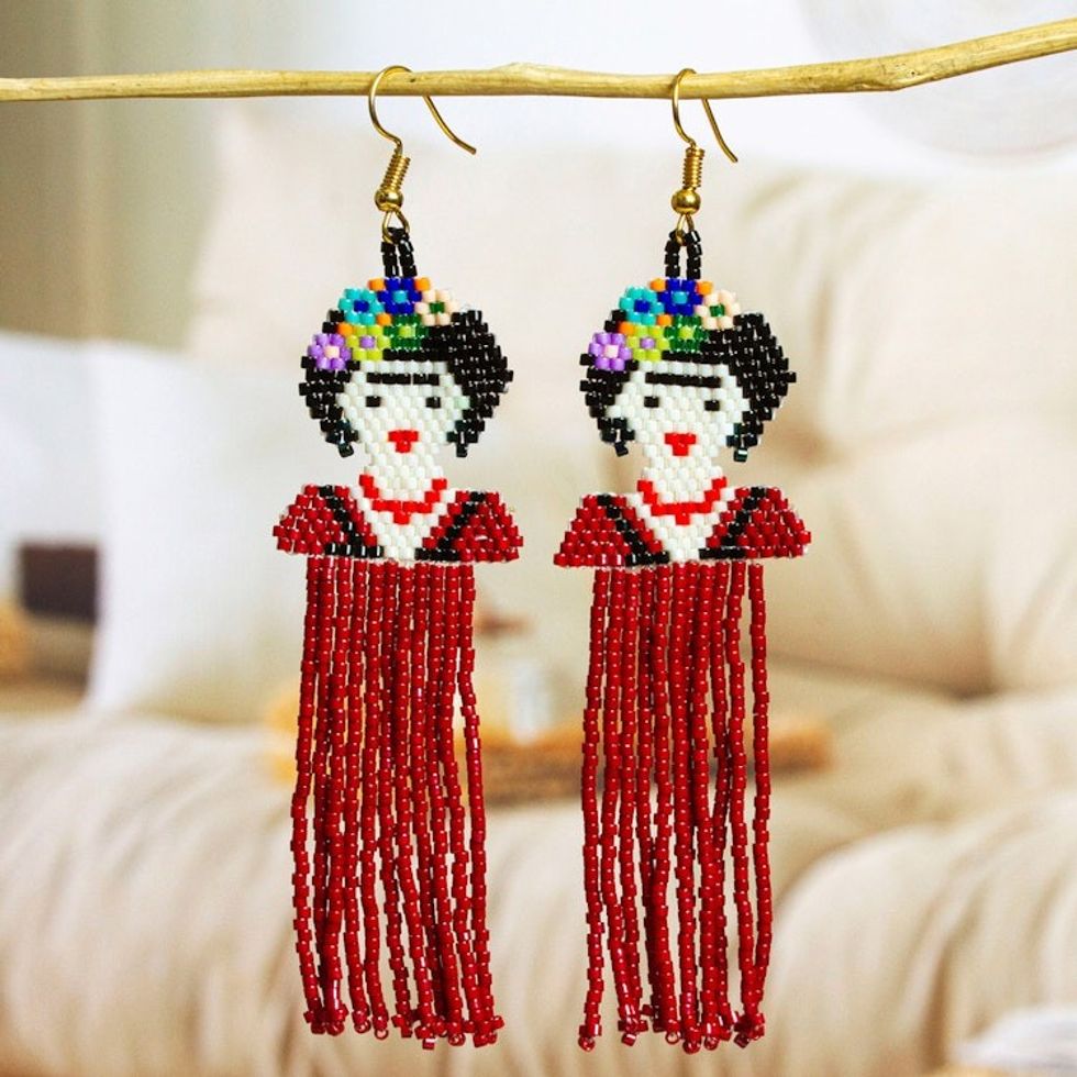 Artisan Crafted Long Beaded Earrings 'Frida Forever'