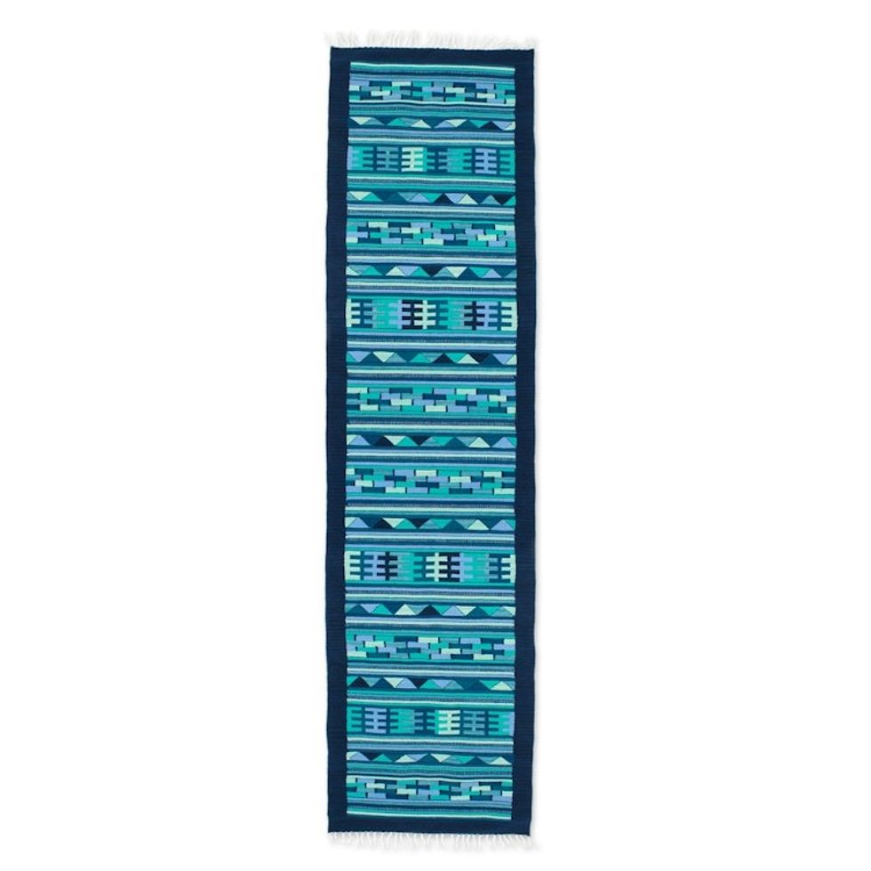 Handwoven Wool Runner Rug in Blue Turquoise and Green 3x10 'Blue Geometry'