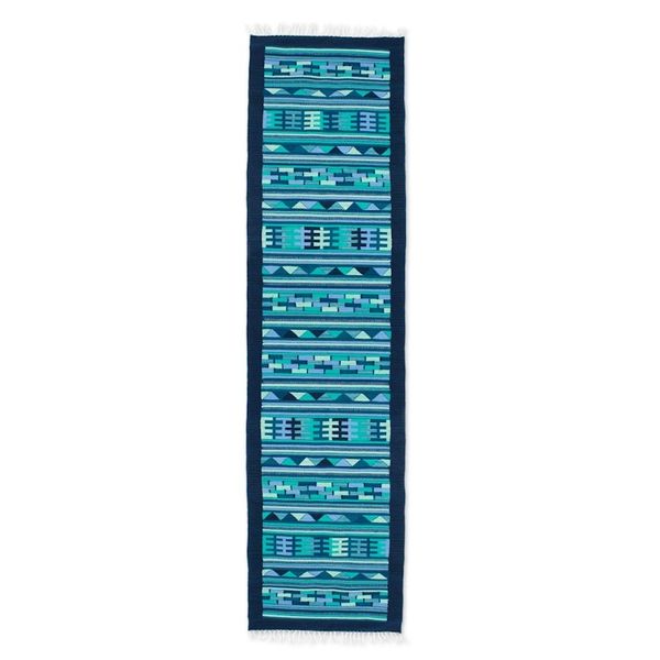 Alternate image for Handwoven Wool Runner Rug in Blue Turquoise and Green 3x10 Blue Geometry