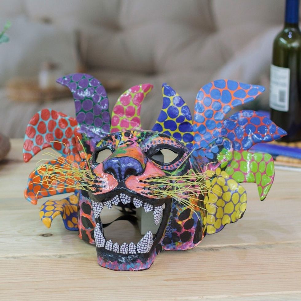 Painted Lacquered Papier Mache Mexican Jaguar Mask 'Colorful Jaguar'