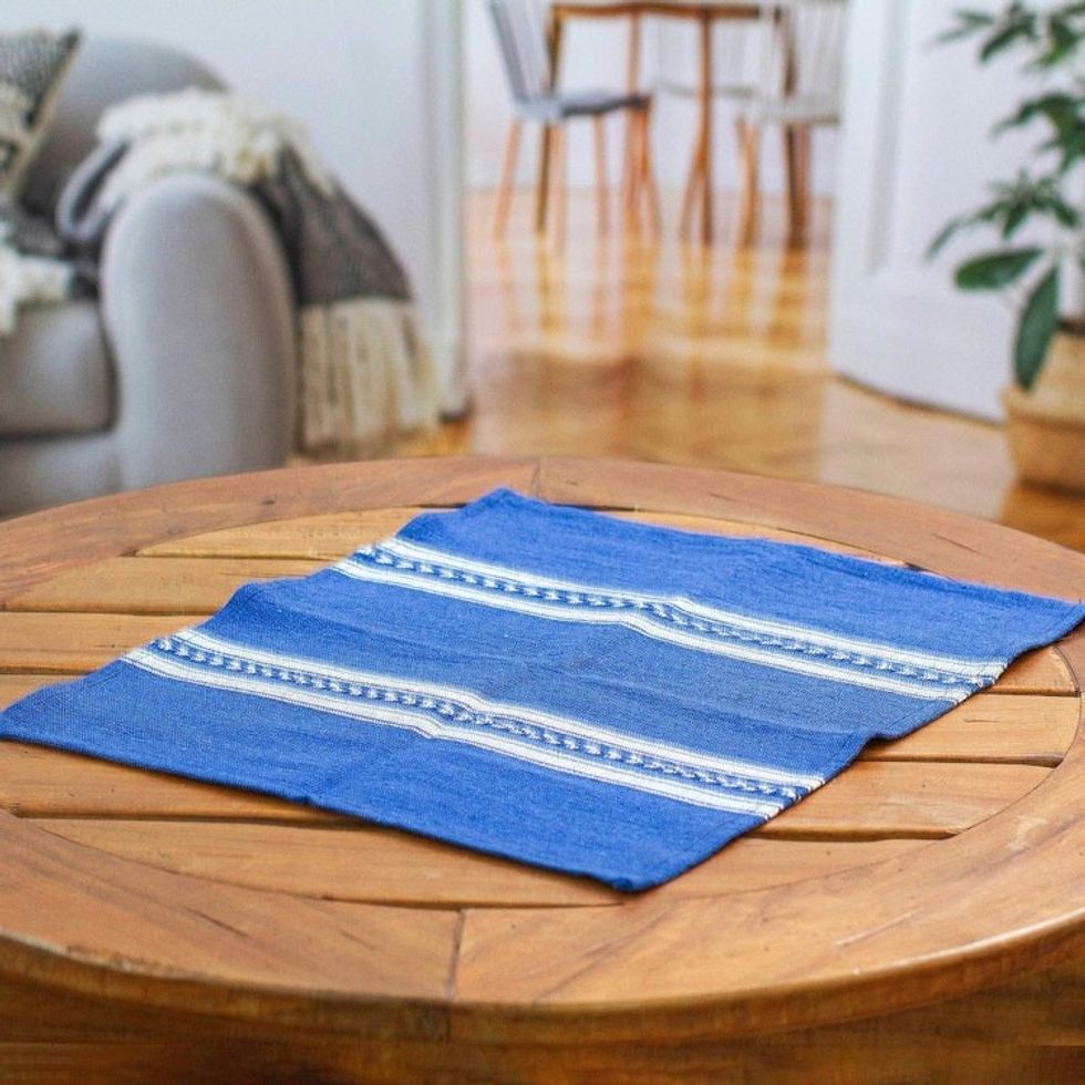 Blue White Hand-Woven Zapotec Cotton Placemat from Mexico 'Magical Blue'