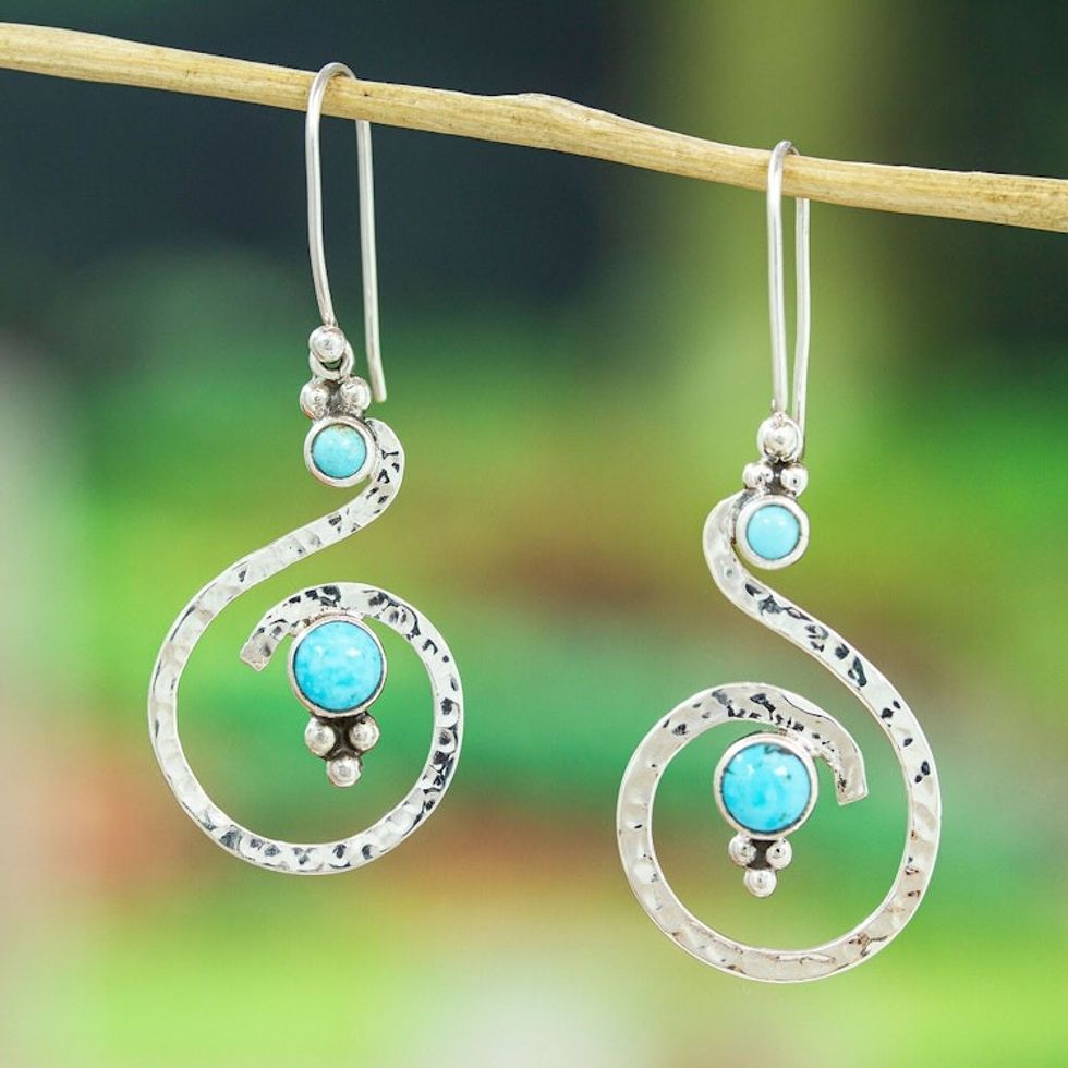 Hammered Sterling Silver Dangle Earrings with Turquoise Gems 'Sinuous Hope'