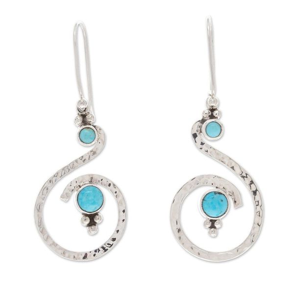 Alternate image for Hammered Sterling Silver Dangle Earrings with Turquoise Gems Sinuous Hope