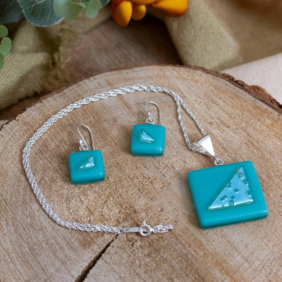 Square Aqua Dichroic Art Glass Jewelry Set 'Square Serenity'