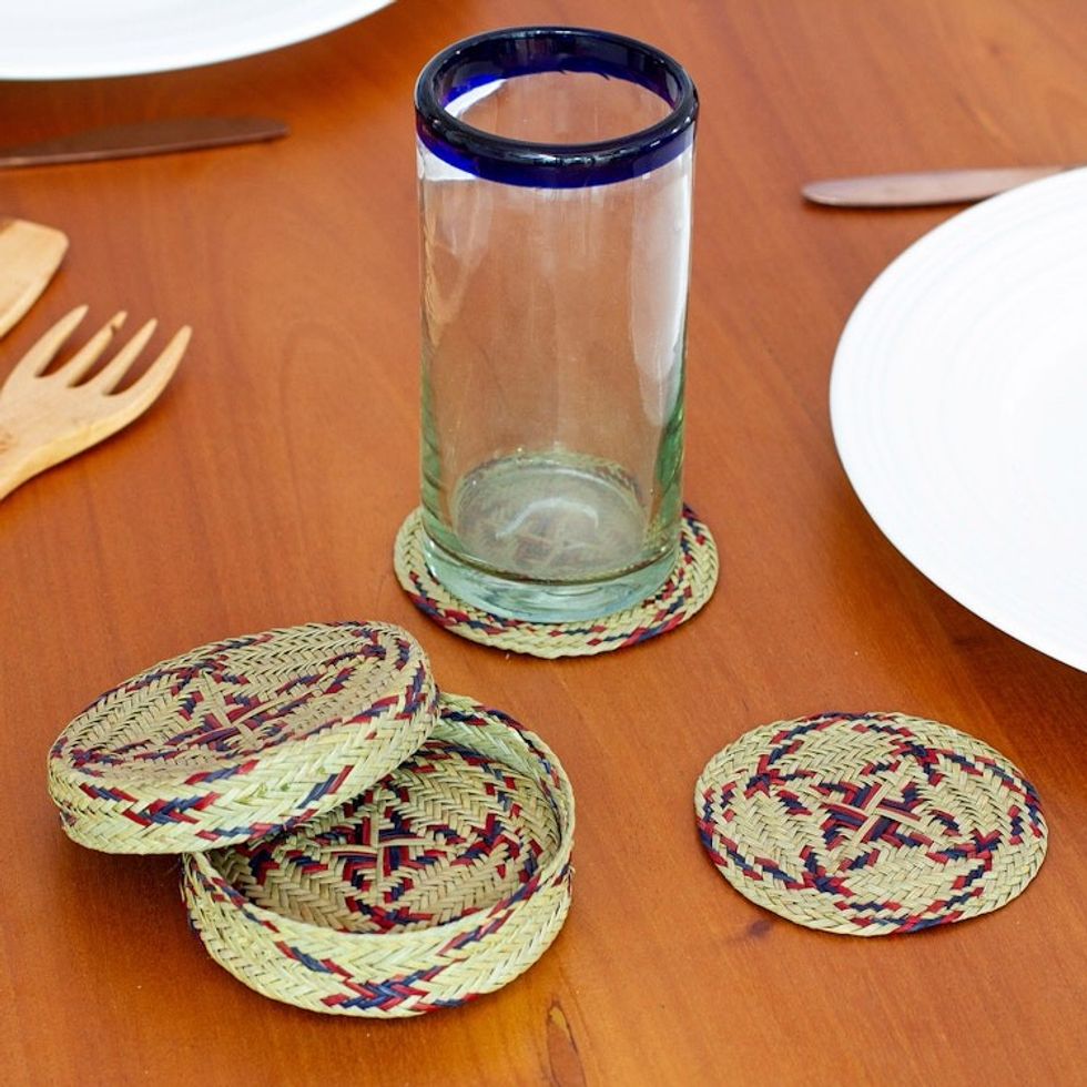 Set of 6 Purple and Red Natural Fiber Coasters from Mexico 'Purple Eco'