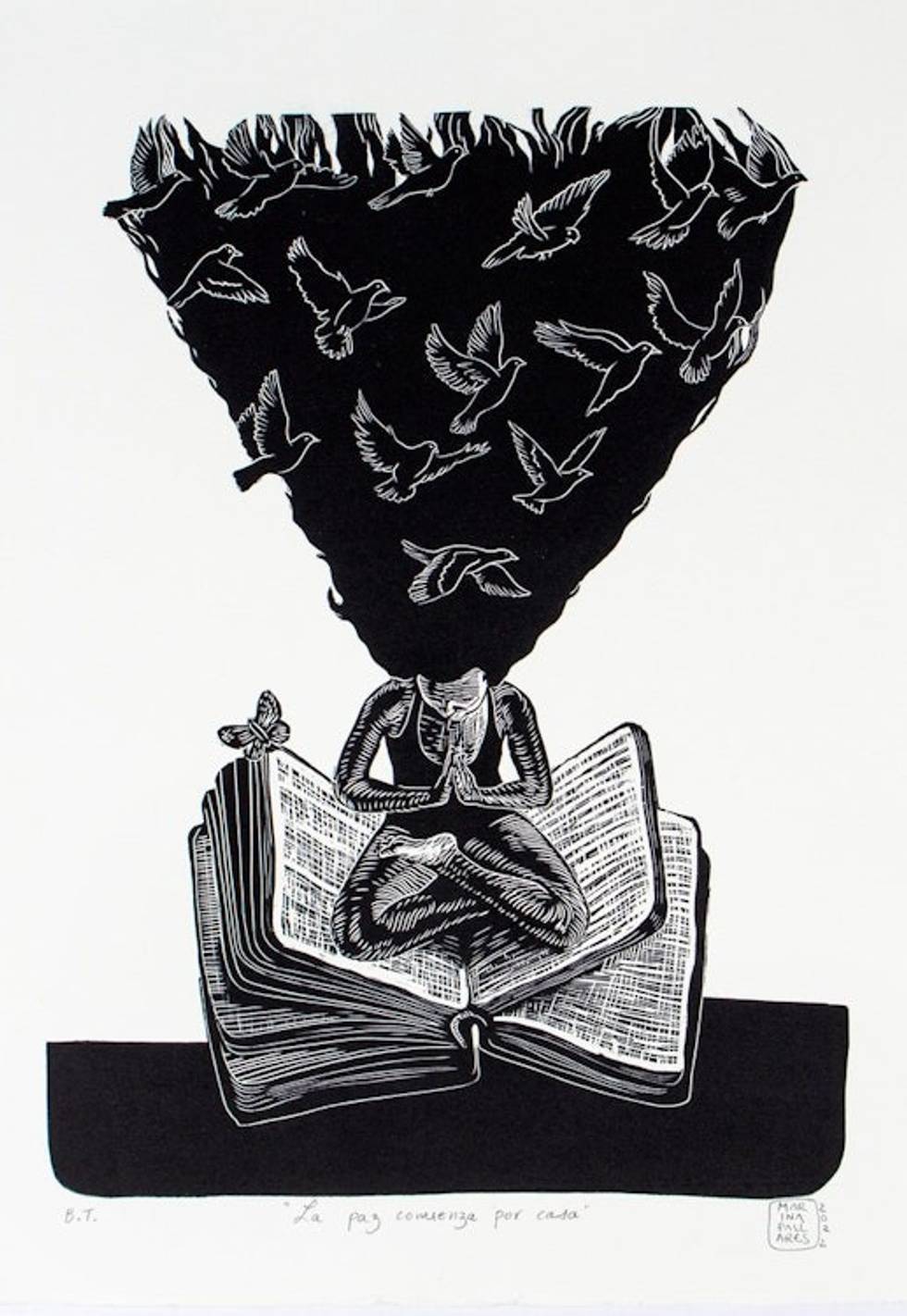 World Peace Project Linoleum Block Print Meditating Woman 'Peace Begins At Home'