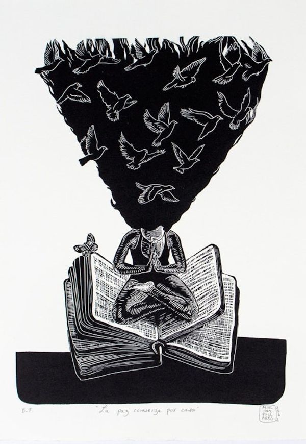 Alternate image for World Peace Project Linoleum Block Print Meditating Woman Peace Begins At Home