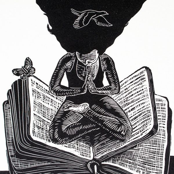 Alternate image for World Peace Project Linoleum Block Print Meditating Woman Peace Begins At Home