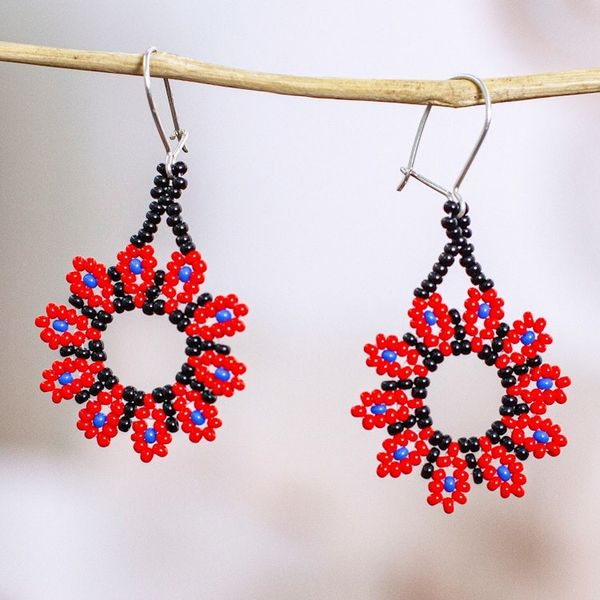 Alternate image for Red Floral Beaded Dangle Earrings Handcrafted in Mexico Blooming Red