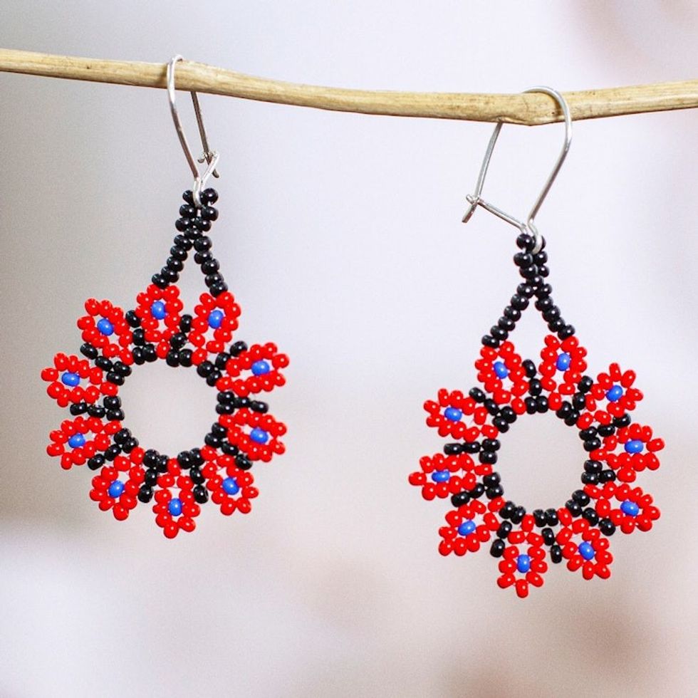 Red Floral Beaded Dangle Earrings Handcrafted in Mexico 'Blooming Red'