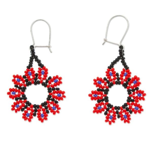 Alternate image for Red Floral Beaded Dangle Earrings Handcrafted in Mexico Blooming Red
