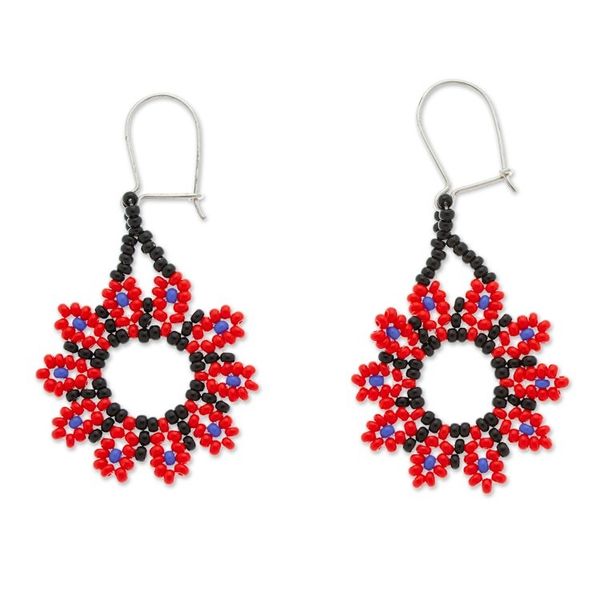 Alternate image for Red Floral Beaded Dangle Earrings Handcrafted in Mexico Blooming Red
