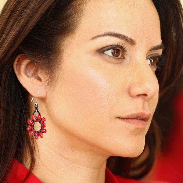 Alternate image for Red Floral Beaded Dangle Earrings Handcrafted in Mexico Blooming Red