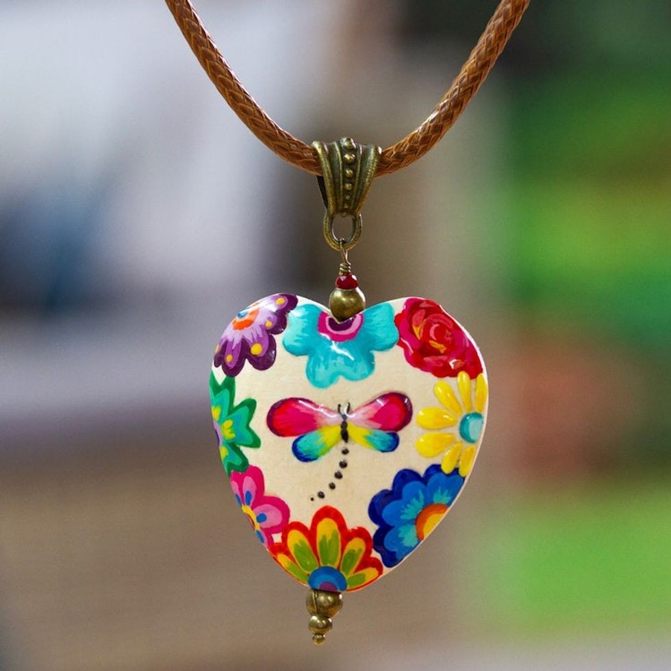 Hand-Painted Floral Dragonfly Pinewood Pendant Necklace 'Resilient Realm'